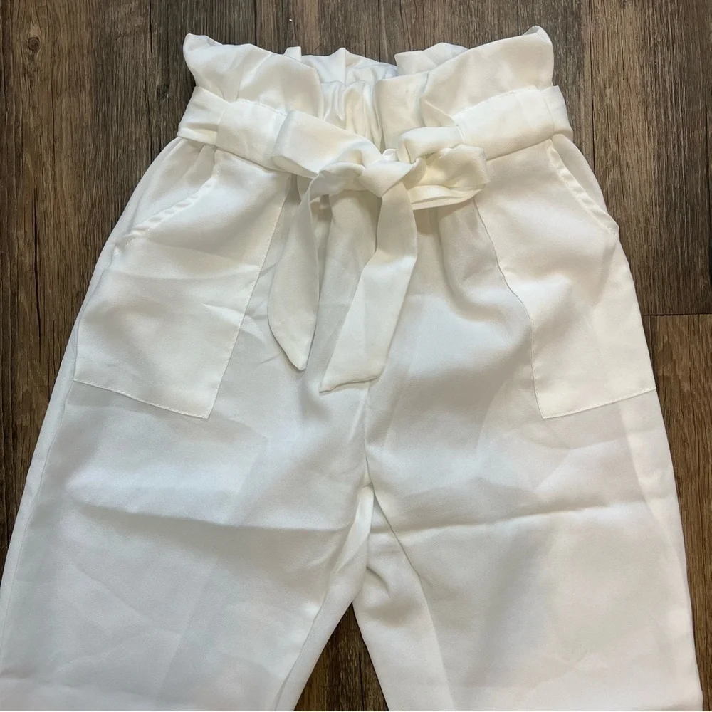 Women’s Elastic Tie Front High Waisted Belted Pants White Pocket Size M